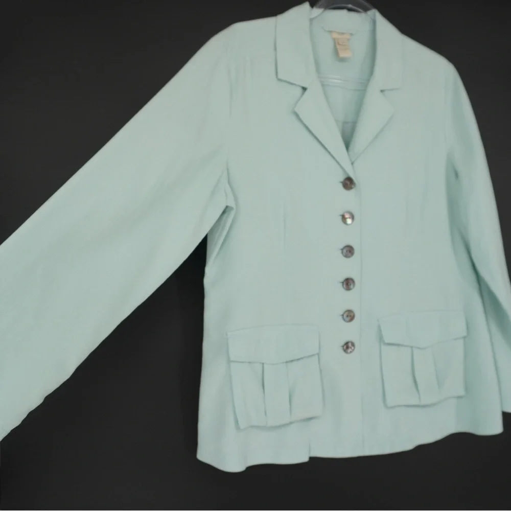 J.Jill‎ Mint Teal Button Up 100% Silk Light Weight Blazer top blouse Size 14P